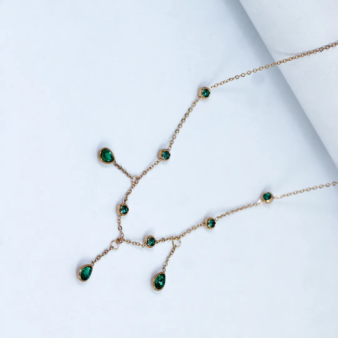 Gold Stainless Steel Multi Green Gems Necklace