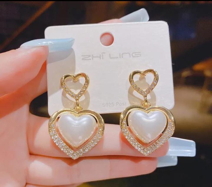 Heart Shape Rhinestone & Pearl Earrings
